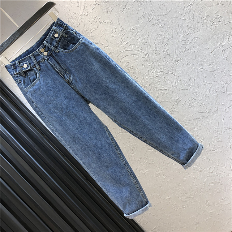 Blugi de dama cu talie inalta in albastru si negru