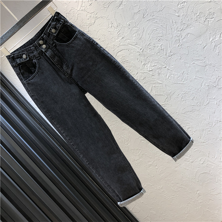 Blugi de dama cu talie inalta in albastru si negru