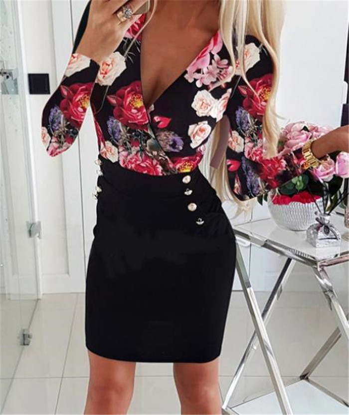 Rochie elegantă de damă, cu decolteu adânc și motive florale în două culori