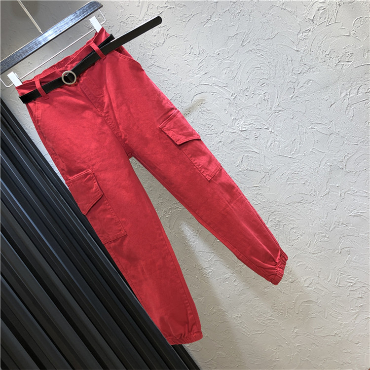 Blugi moderni de dama cu talie inalta si buzunare in rosu