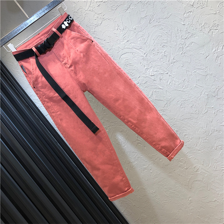 Női farmer övvel és magas derékkal, rózsaszín és zöld színben