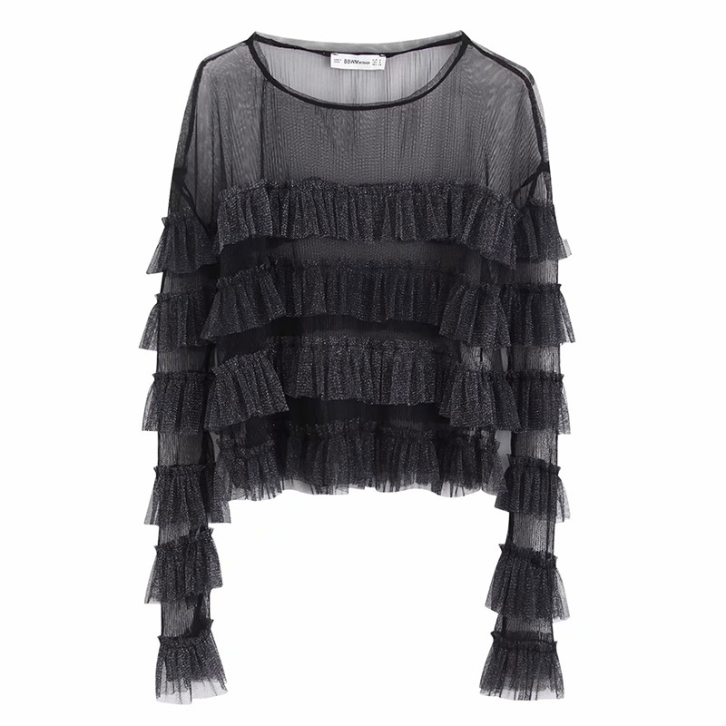 Bluză de damă elegantă din dantelă cu decolteu rotund de culoare neagră