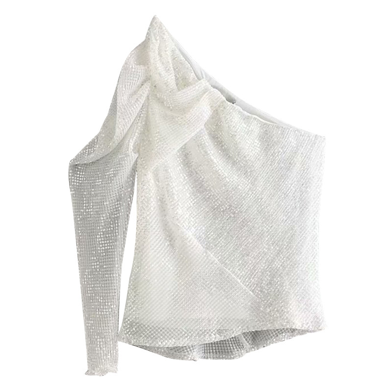 Új modell női blúz egy ujjal, fehér színben