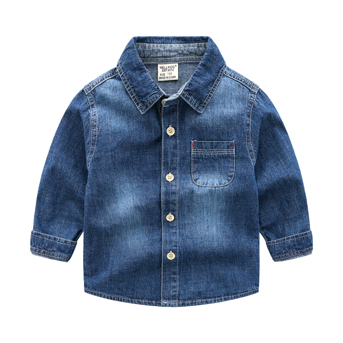 Нов модел детска дънкова риза с класическа яка в син цвят