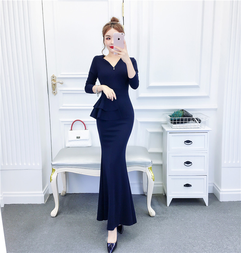 Rochie lungă de damă elegantă, cu decolteu spitz în trei culori