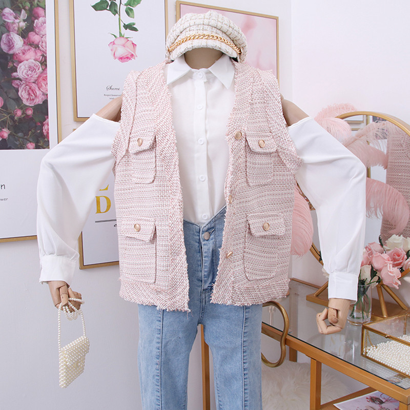 Model nou de vestă de damă cu nasturi și buzunare în verde, roz și negru