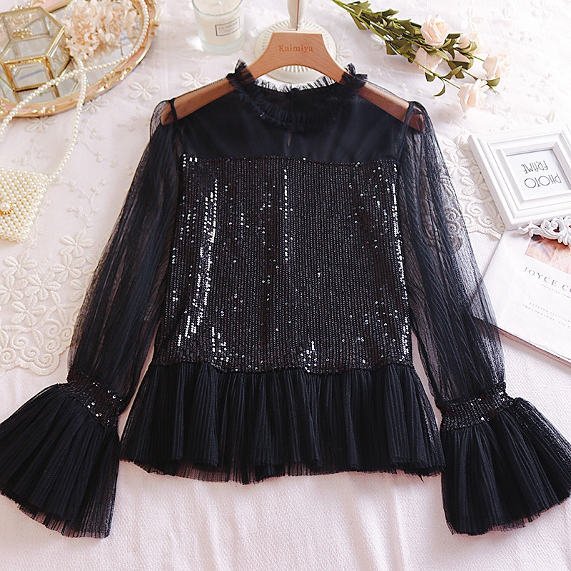 Modern női blúz flitterekkel és tüllel, négy színben