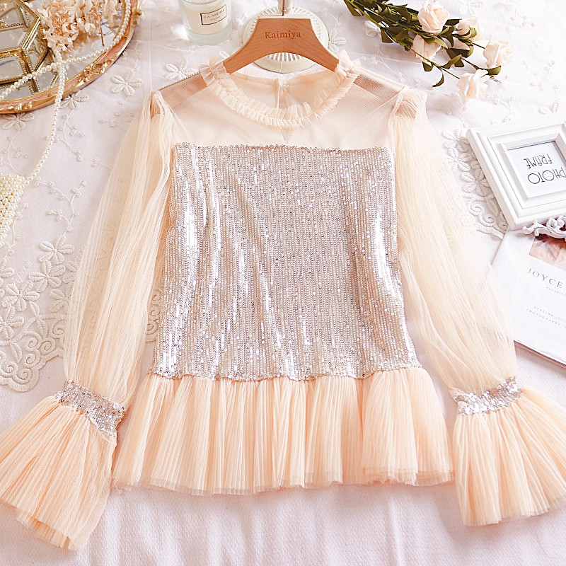 Modern női blúz flitterekkel és tüllel, négy színben