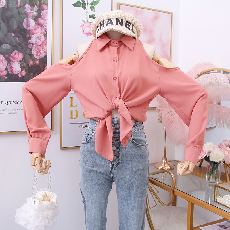 Cămașă modernă de damă cu guler clasic și umerii goi în mai multe culori