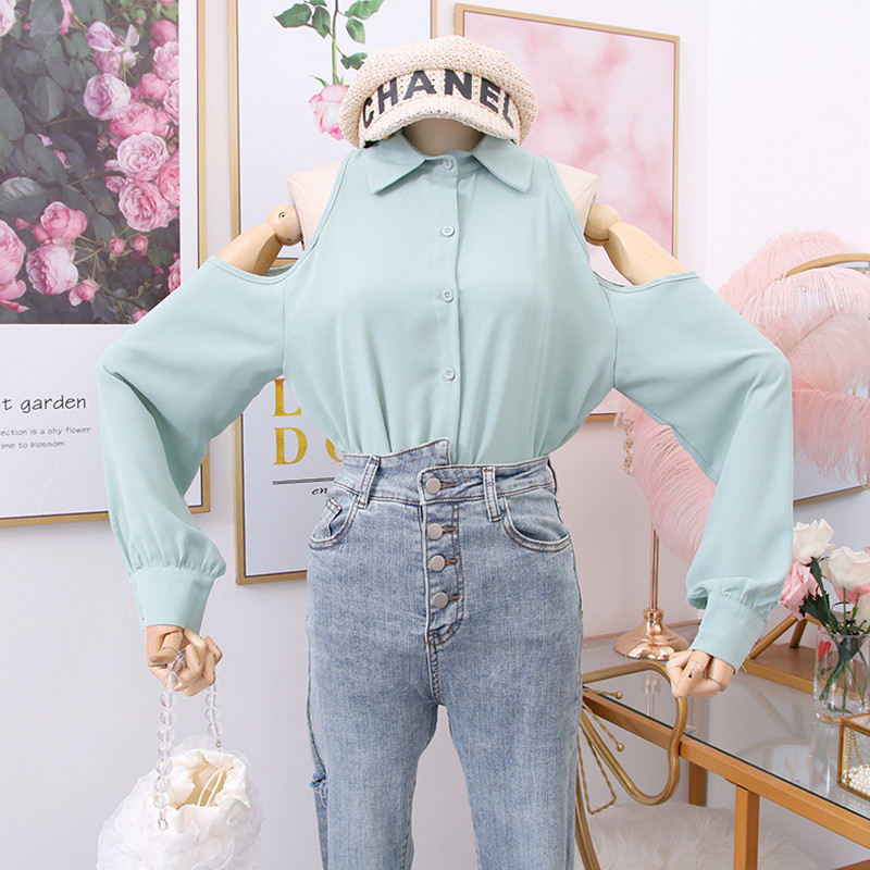 Cămașă modernă de damă cu guler clasic și umerii goi în mai multe culori