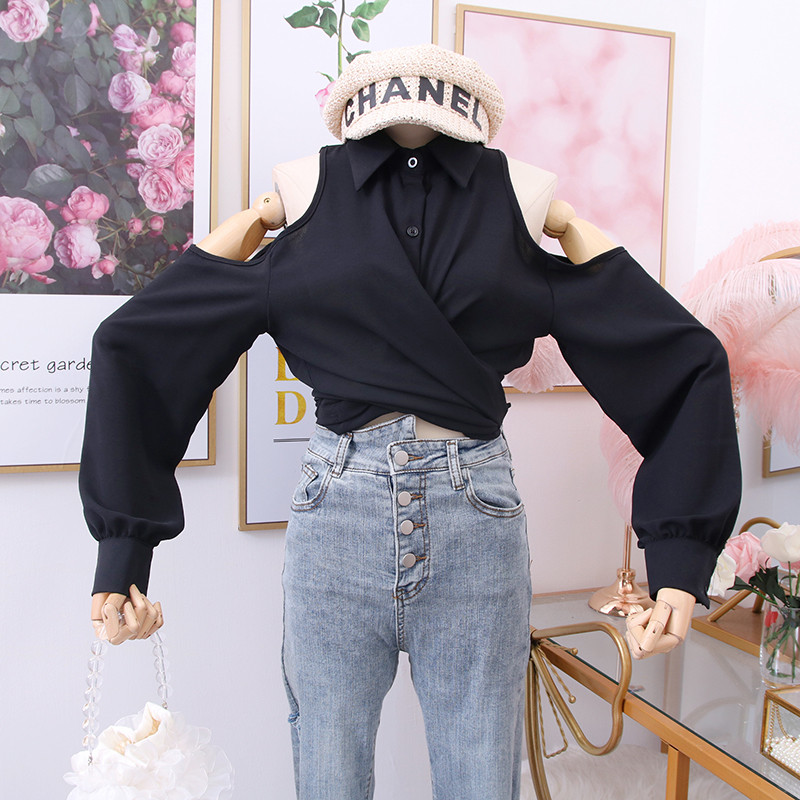 Cămașă modernă de damă cu guler clasic și umerii goi în mai multe culori