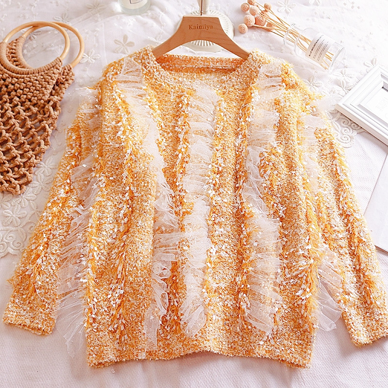 Modern női pulóver tüllvel, különböző színekben