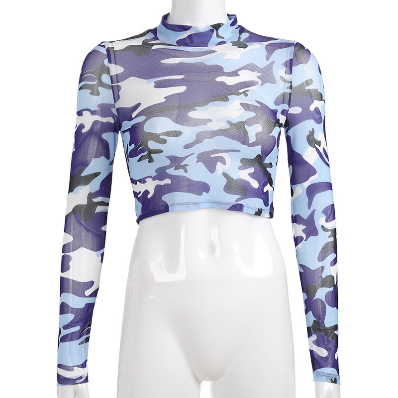 Bluză casual de damă cu mâneci lungi și guler înalt în albastru