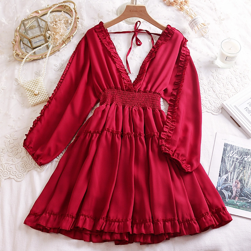 Rochie modernă de damă cu decolteu spitz și mâneci lungi în trei culori