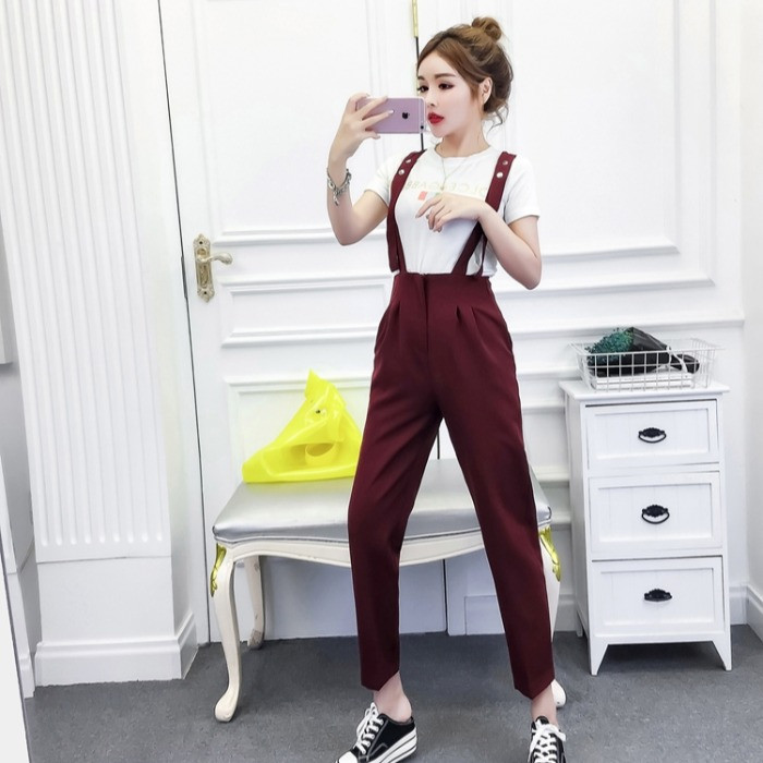 Нов модел дамски панталон с тиранти в черен и бордо цвят