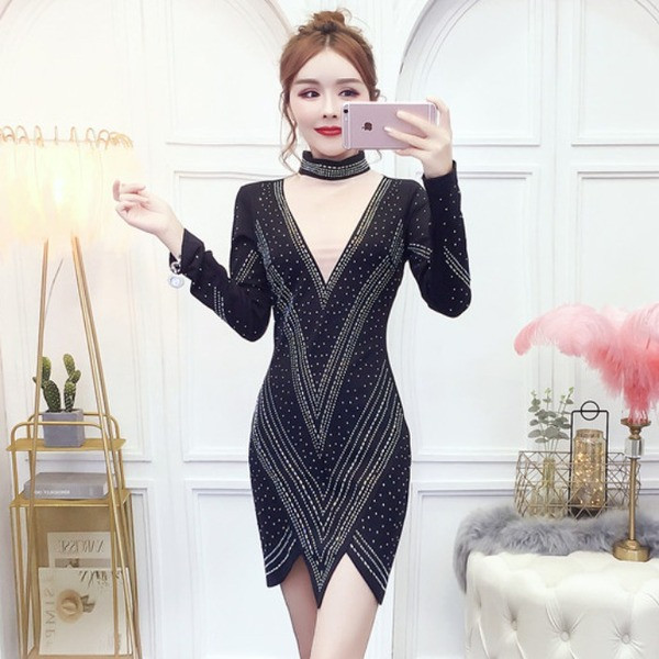 Rochie de dama modern model nou in negru cu pietre