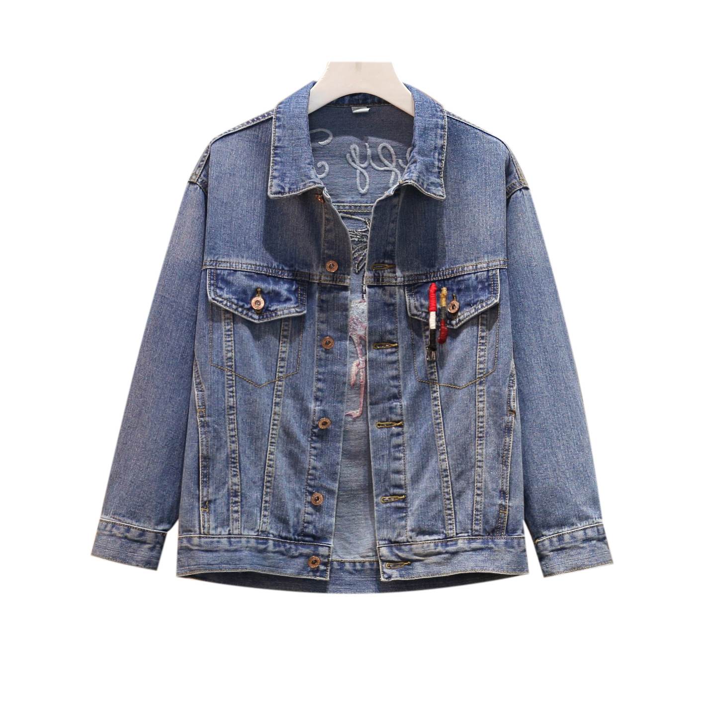 Geaca de dama model nou din denim cu broderie pe spate de culoare albastra