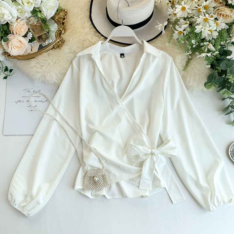 Cămașă elegantă de damă cu guler și panglică în două culori