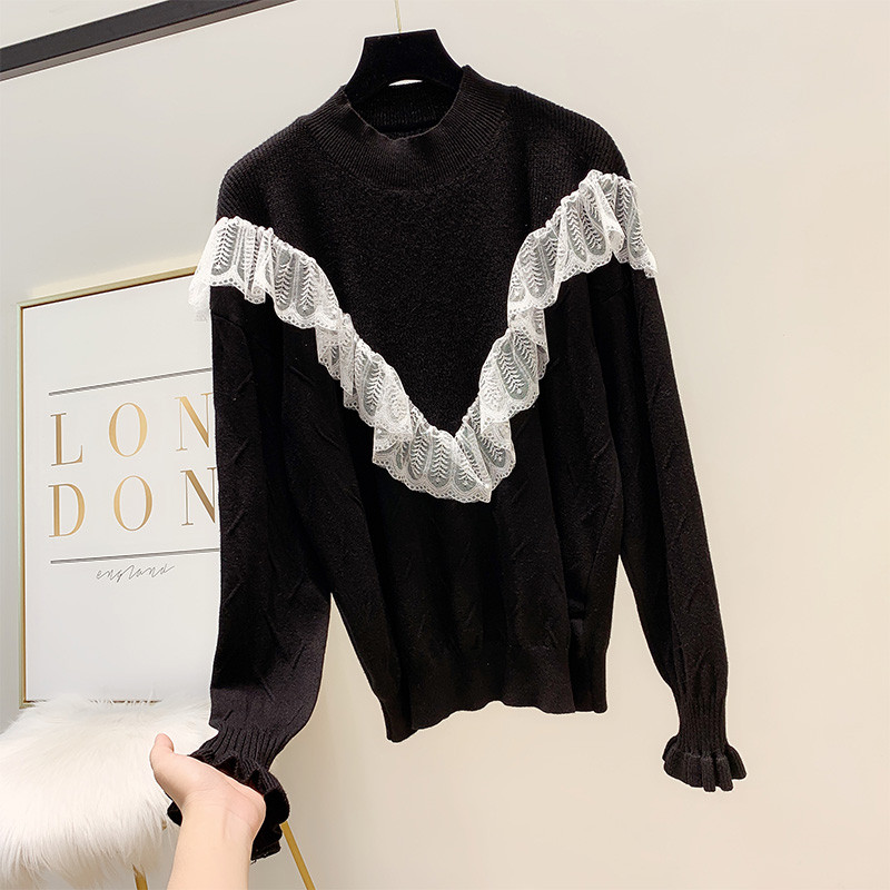 Γυναικείο πουλόβερ με λαιμόκοψη  και δαντέλα σε διάφορα χρώματα