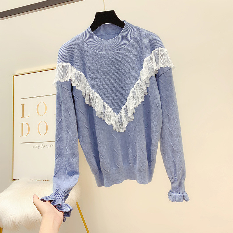 Γυναικείο πουλόβερ με λαιμόκοψη  και δαντέλα σε διάφορα χρώματα