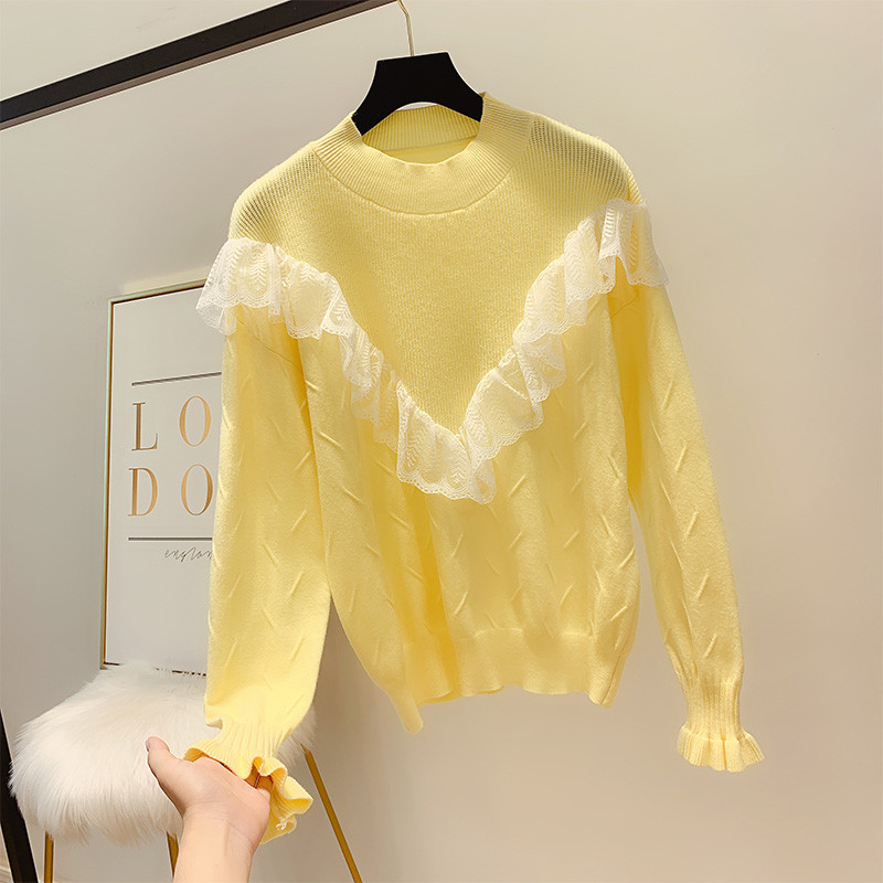 Γυναικείο πουλόβερ με λαιμόκοψη  και δαντέλα σε διάφορα χρώματα