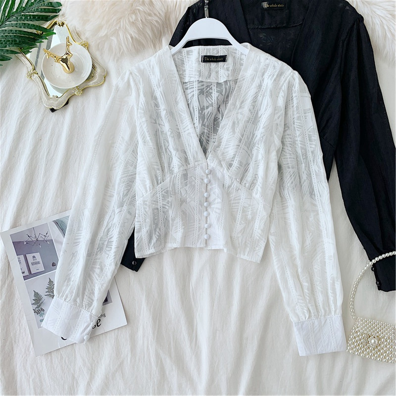 Modern női ing V-nyakú fekete-fehér színben