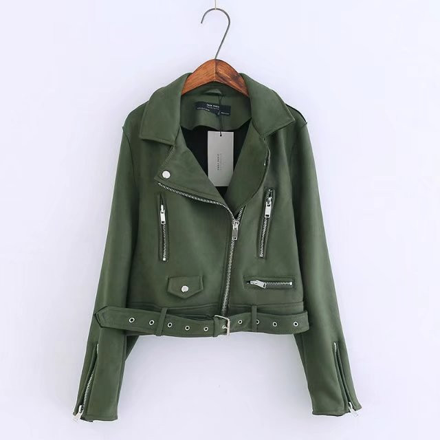 Öko velúrból készült modern női kabát övvel és cipzárral több színben