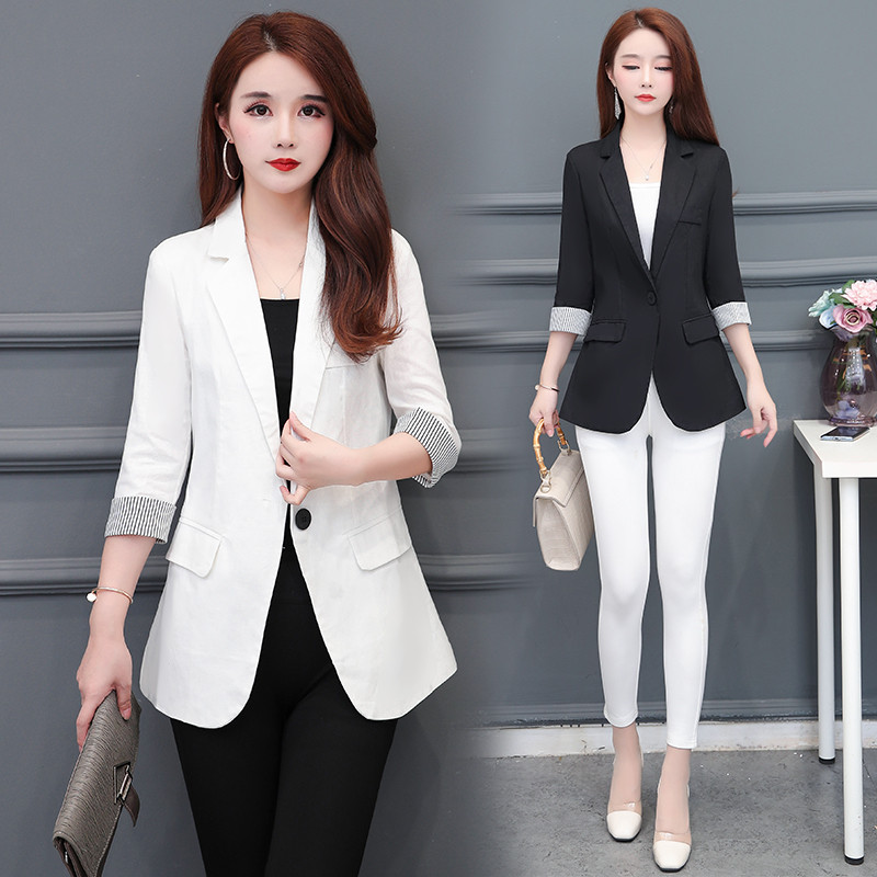 Стилно дамско сако с 3/4 ръкав и размери до 3XL в черен и бял цвят