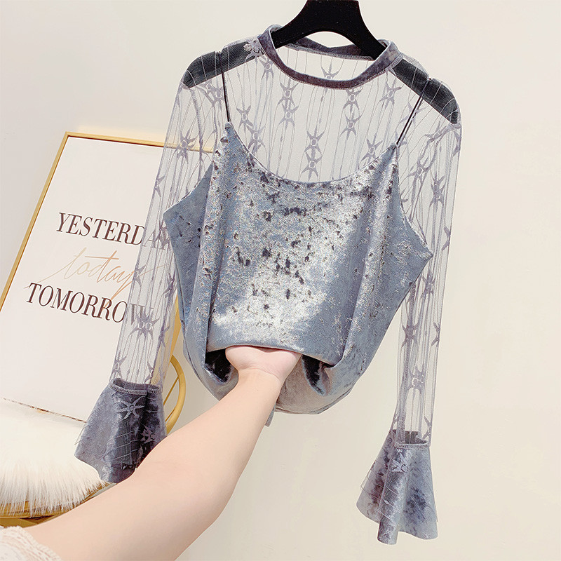 Κομψή βελούδινη γυναικεία μπλούζα με δαντέλα και μανίκια λωτού σε τρία χρώματα