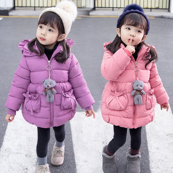 Μοντέρνο παιδικό χειμερινό μπουφάν  με κουκούλα και τσέπες για κορίτσια