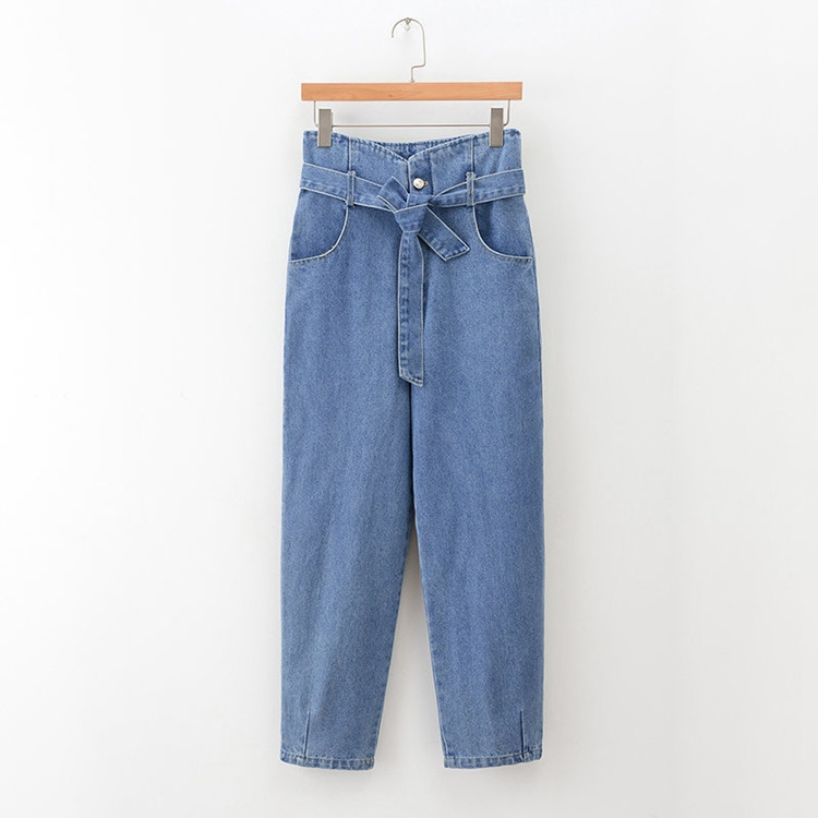 Γυναικεία τζην  με ψηλή μέση και κορδόνια - φαρδύ μοντέλο