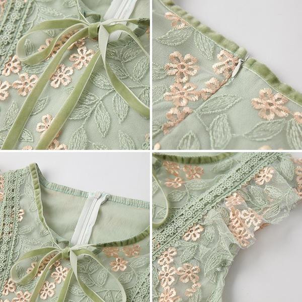 Rochie elegantă de damă, cu un element de dantelă și broderie în verde