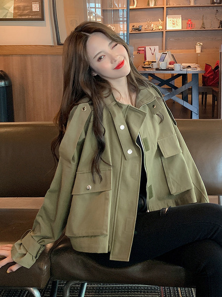 Geaca casual dama cu buzunare - model larg in verde si maro