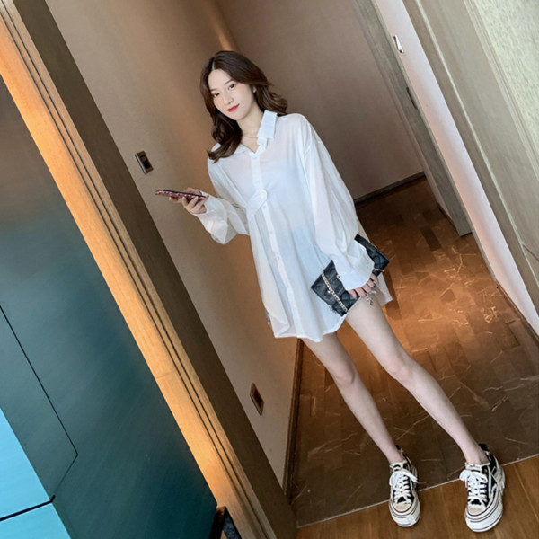 Cămașă de damă - model larg și lung în verde și alb