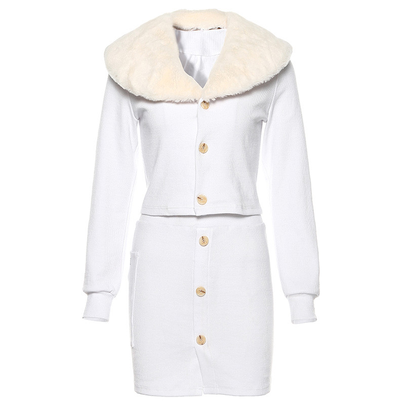 Set elegant din două piese pentru femei, cu guler în puf, în alb