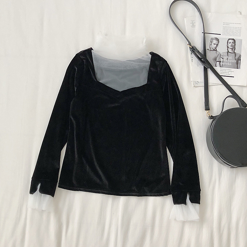 Μοντέρνα γυναικεία βελούδινη μπλούζα σε δύο χρώματα με τούλι