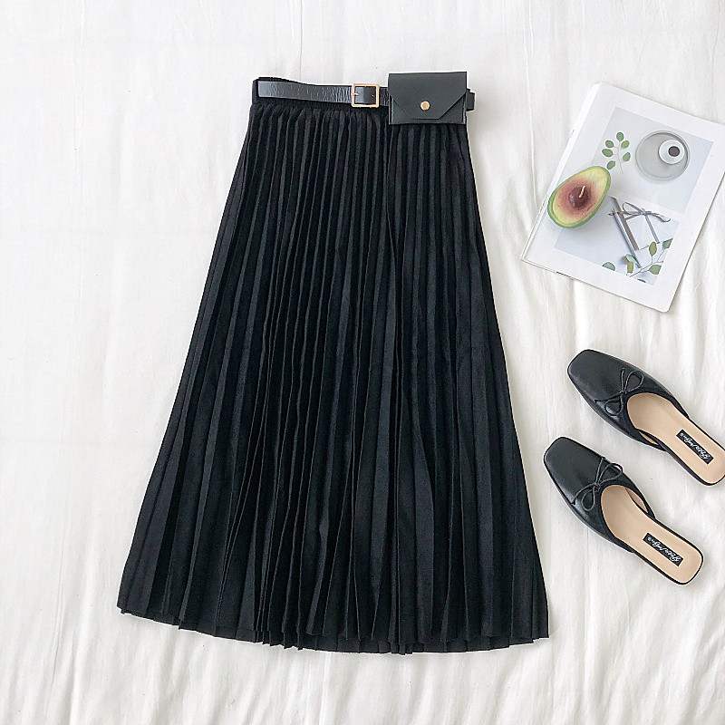 Fusta lunga plisata de dama moderna cu talie inalta si curea