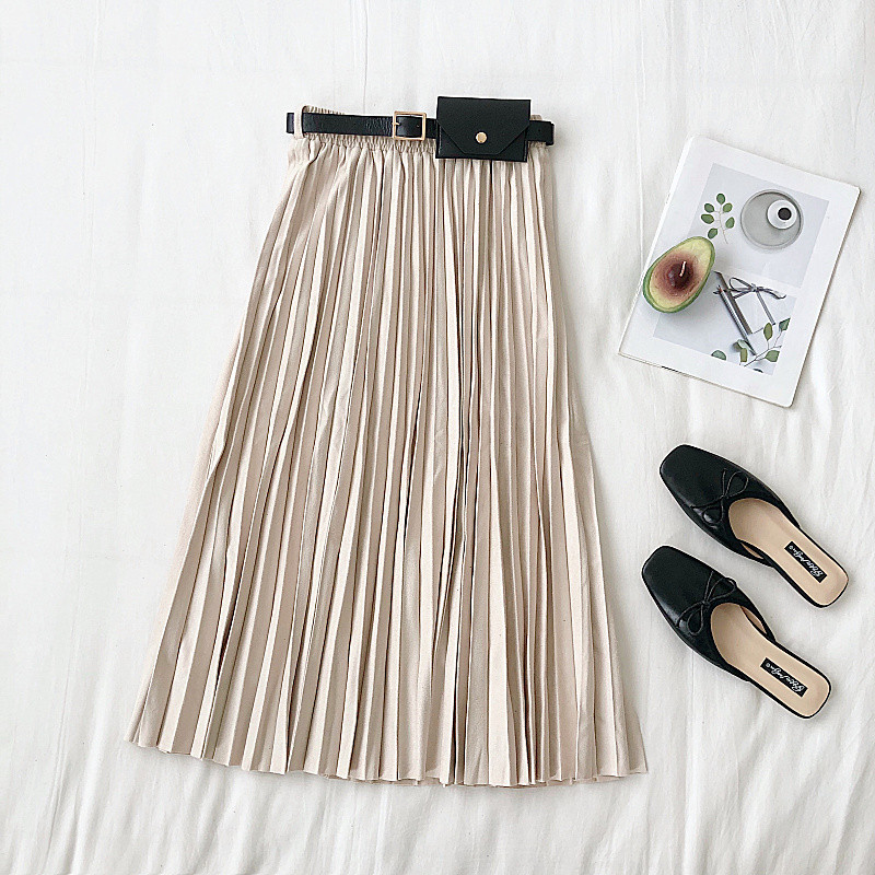 Fusta lunga plisata de dama moderna cu talie inalta si curea