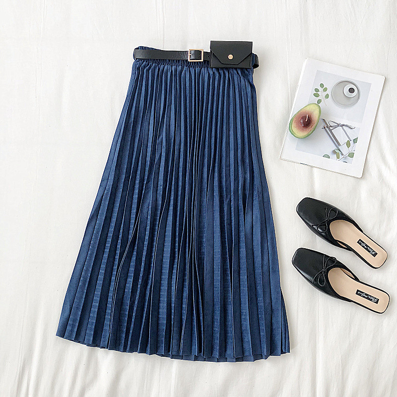 Fusta lunga plisata de dama moderna cu talie inalta si curea