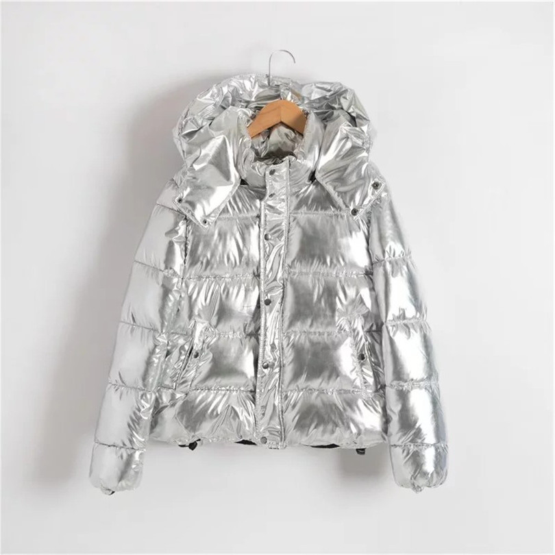 Geaca de iarna de dama moderna cu gluga de culoare argintie