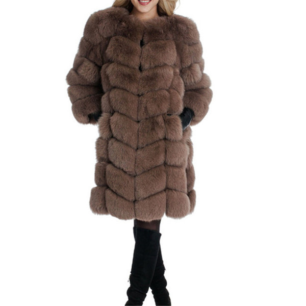 НОВ модел дамско дълго пухено палто в кафяв цвят 