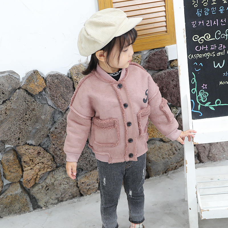 Geaca de copii model nou pentru fete cu nasturi maro si roz
