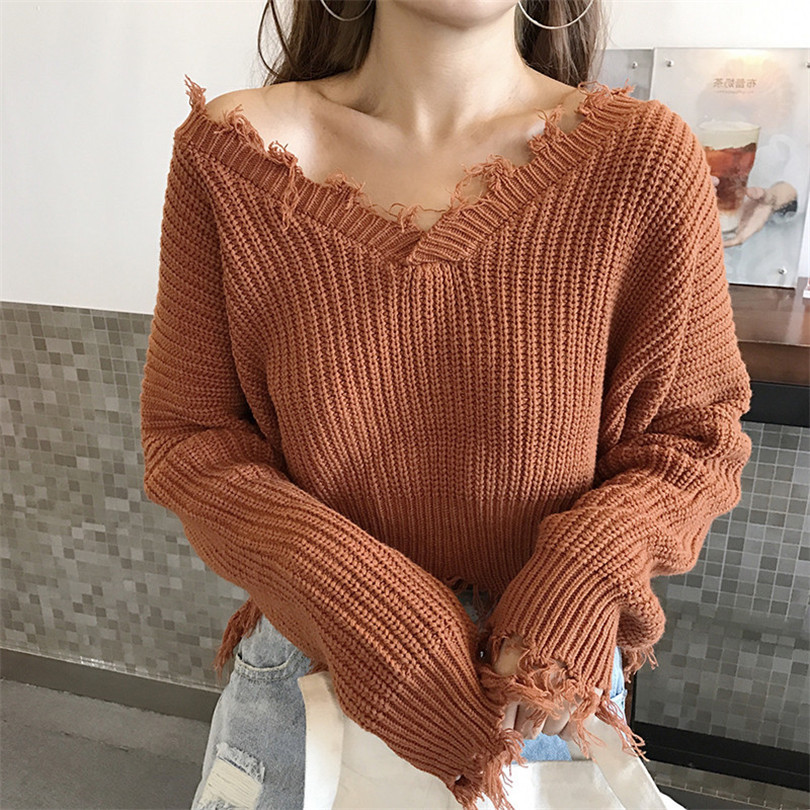 Pulover de dama modern cu decolteu adanc si franjuri in mai multe culori