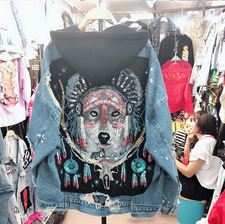 ΝΕΟ μοντέλο τζιν μπουφάν με δαντέλα με κεντήματα και πούλιες