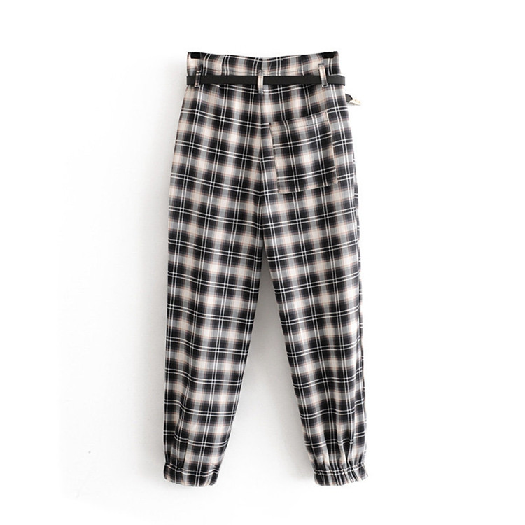 Pantaloni in carouri cu talie inalta si lungime 7/8