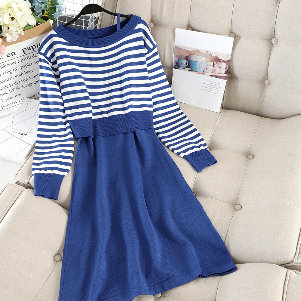 Set de toamnă pentru femei, care include pulover și rochie cu dungi în albastru și negru