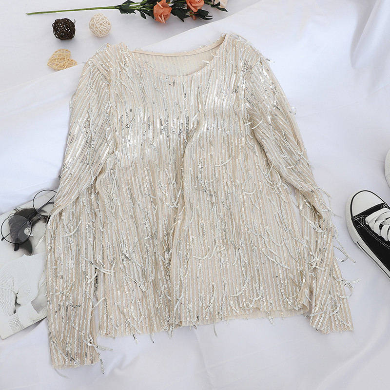 Bluză de damă modernă cu mâneci lungi și paiete în negru, bej și gri