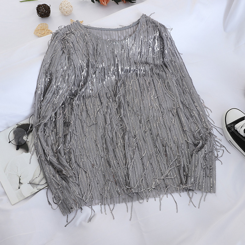 Bluză de damă modernă cu mâneci lungi și paiete în negru, bej și gri