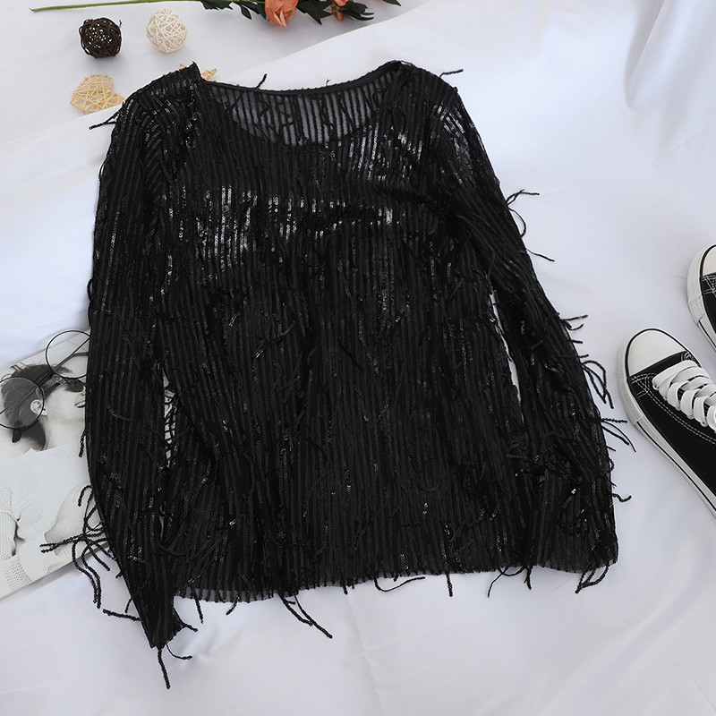 Bluză de damă modernă cu mâneci lungi și paiete în negru, bej și gri