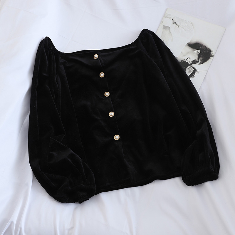 Bluză de damă elegantă din catifea cu mâneci căzute și nasturi în mai multe culori